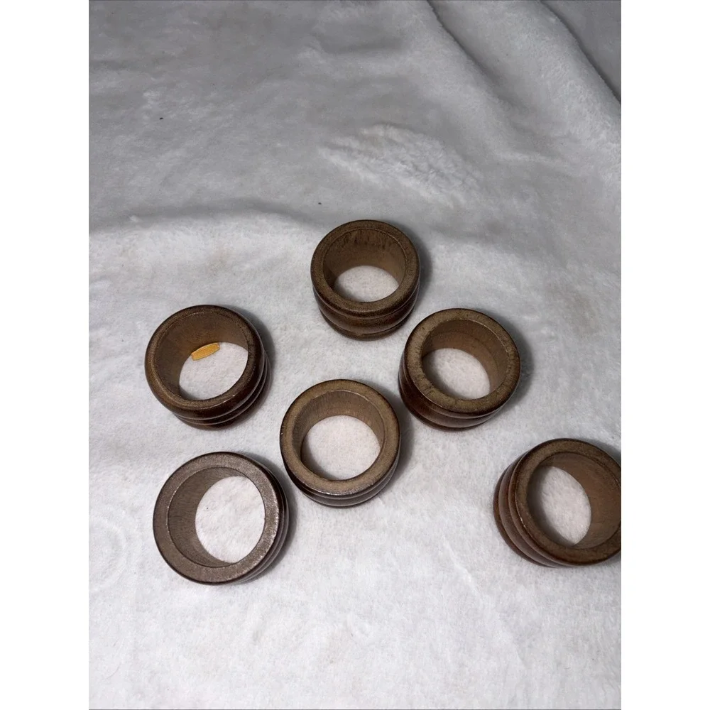 Set of 6 vintage 80s wooden napkin rings Dark Walnut stain Scandinavian Style‎